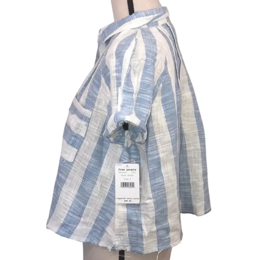 Free People Away at Sea Linen Blend Striped Blouse Top Size Small NEW